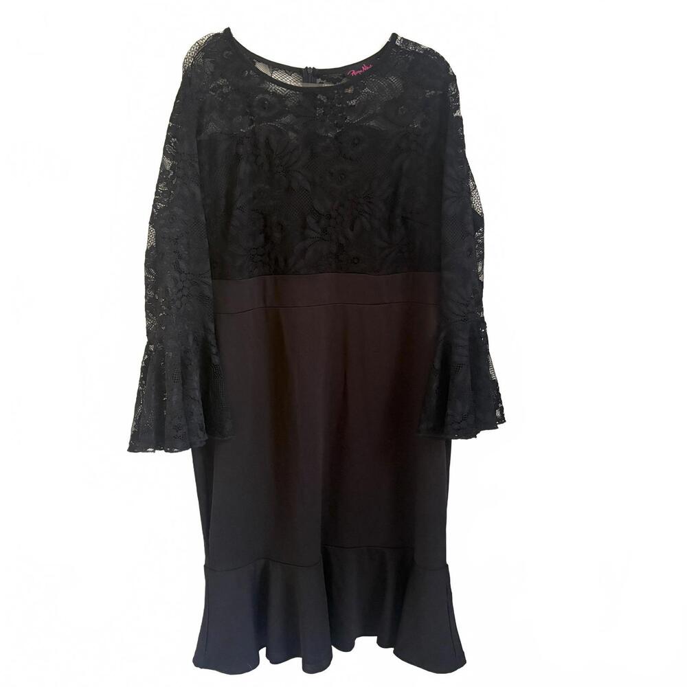 Hanna Nikole | Women’s Black Long Sleeve Lace Top Ruffle Midi Dress Size 20W